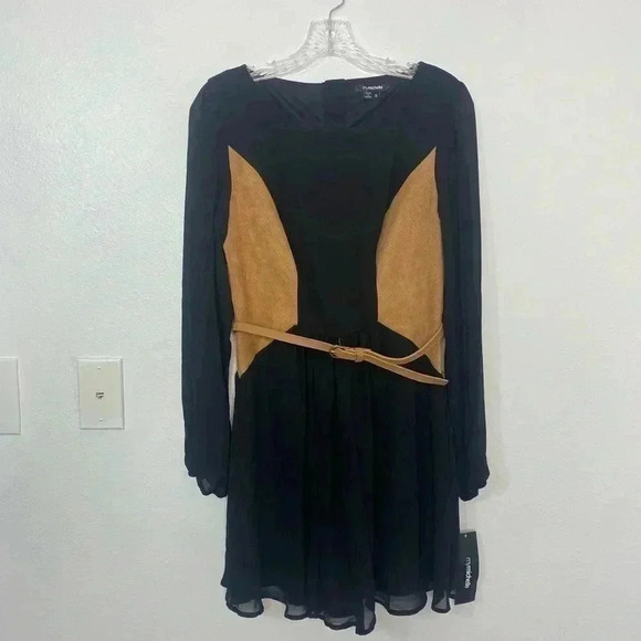 My Michelle Black Sheer Long sleeve Belted Button Back Detail Dress - Picture 2 of 9